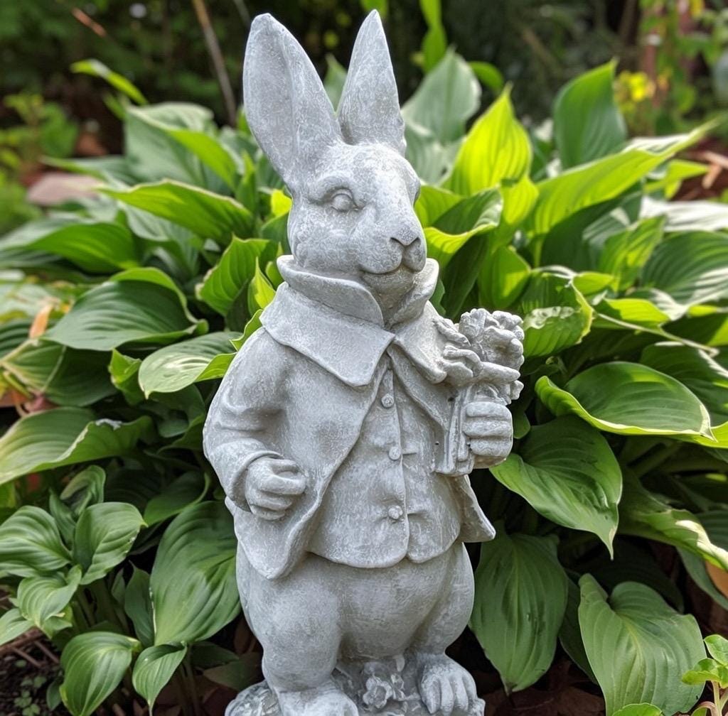Large Concrete Rabbit Statue 16 Inch Modern Garden Bunny Sculpture with Flowers Yard Art Lawn Ornament