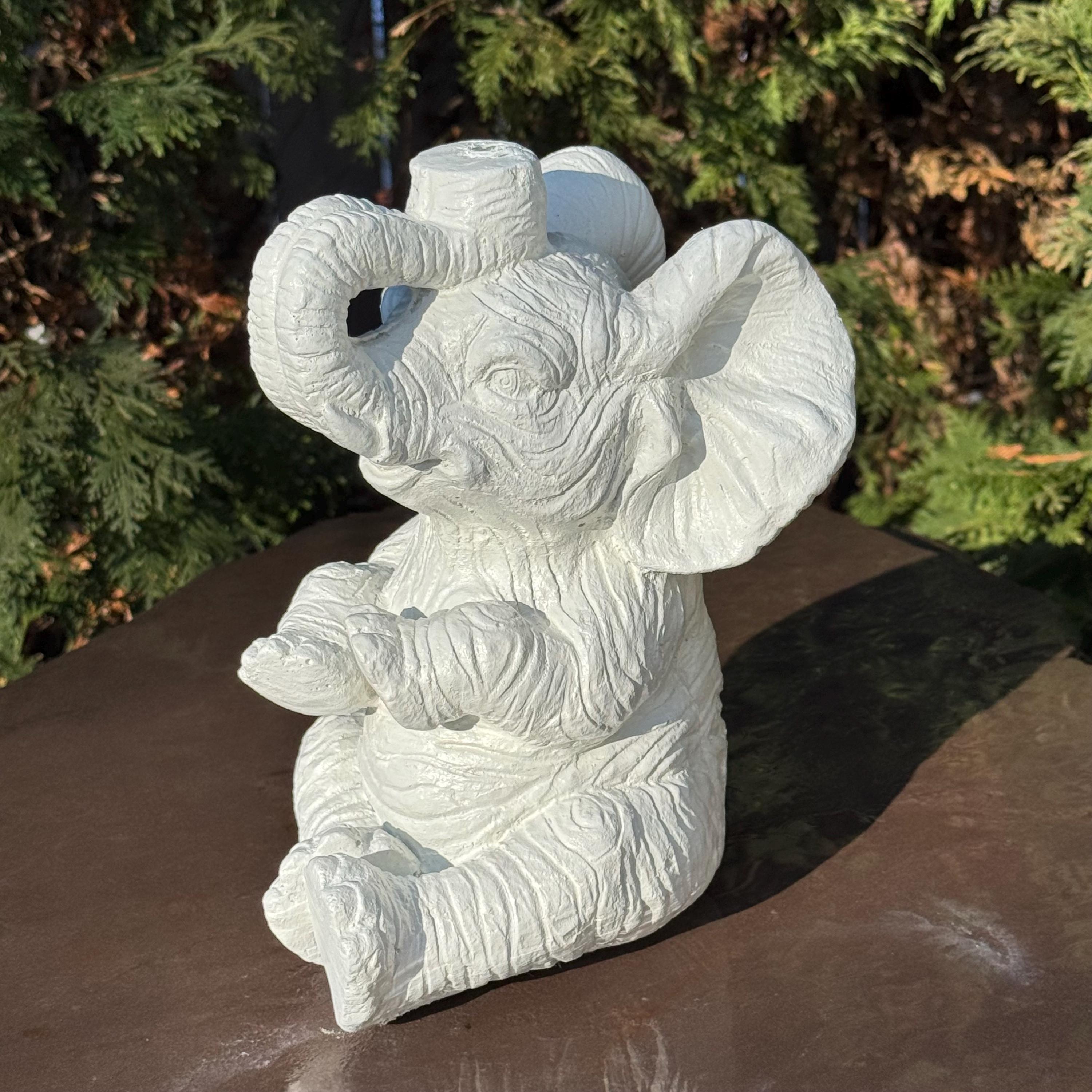 Concrete Elephant Garden Fountain Spout - 10 Inch Painted Water Feature Outdoor Statue Spitter