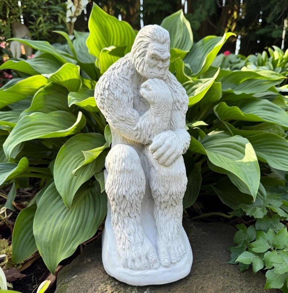 Concrete Bigfoot Statue: 12" Sitting Yeti Garden Sculpture in Thinker Pose, Outdoor Decor