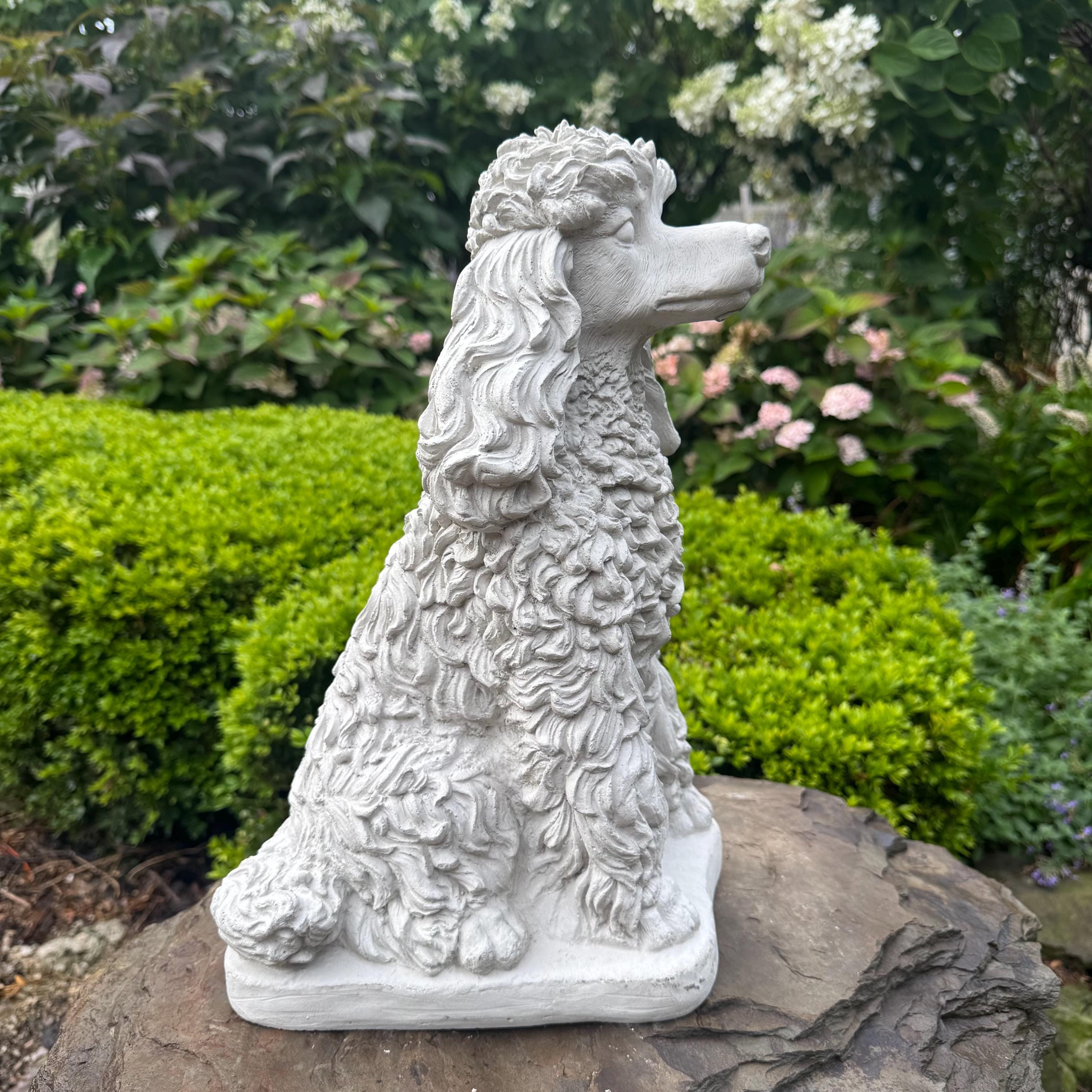 Handcrafted Concrete Poodle Garden Memorial Statue, 15 Inch Dog Sculpture