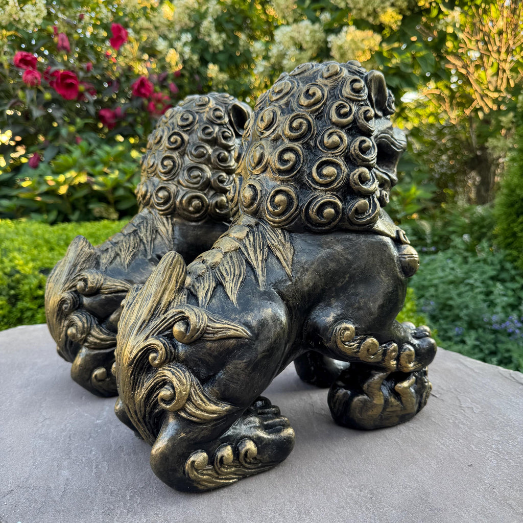 Concrete Foo Dog Statue Pair 14" Male Female Feng Shui Outdoor Garden Guardians Chinese Lion Sculptures Yard Decor