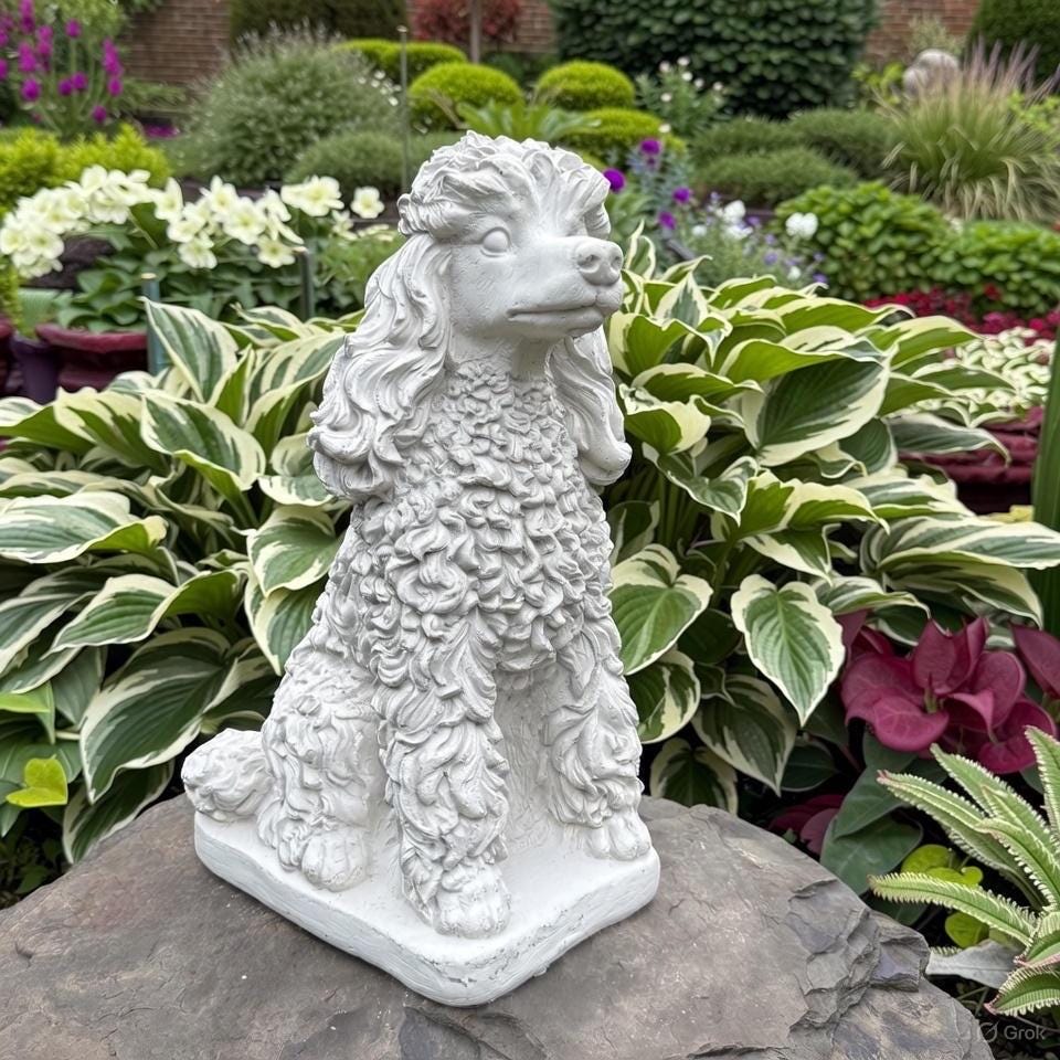 Handcrafted Concrete Poodle Garden Memorial Statue, 15 Inch Dog Sculpture