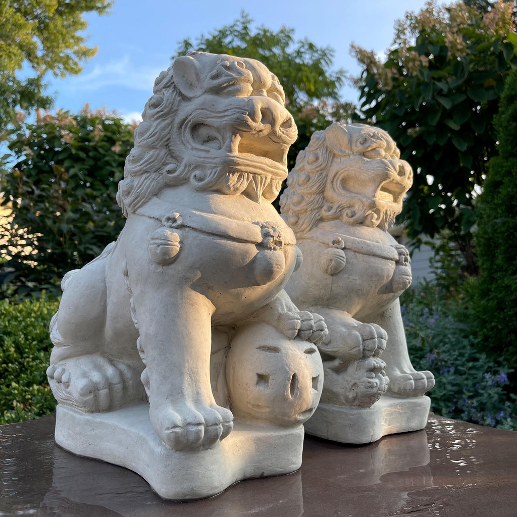 15.5 Concrete Foo Dog Statue Pair Male Female Feng Shui Garden Guardians Protection Outdoor Decor
