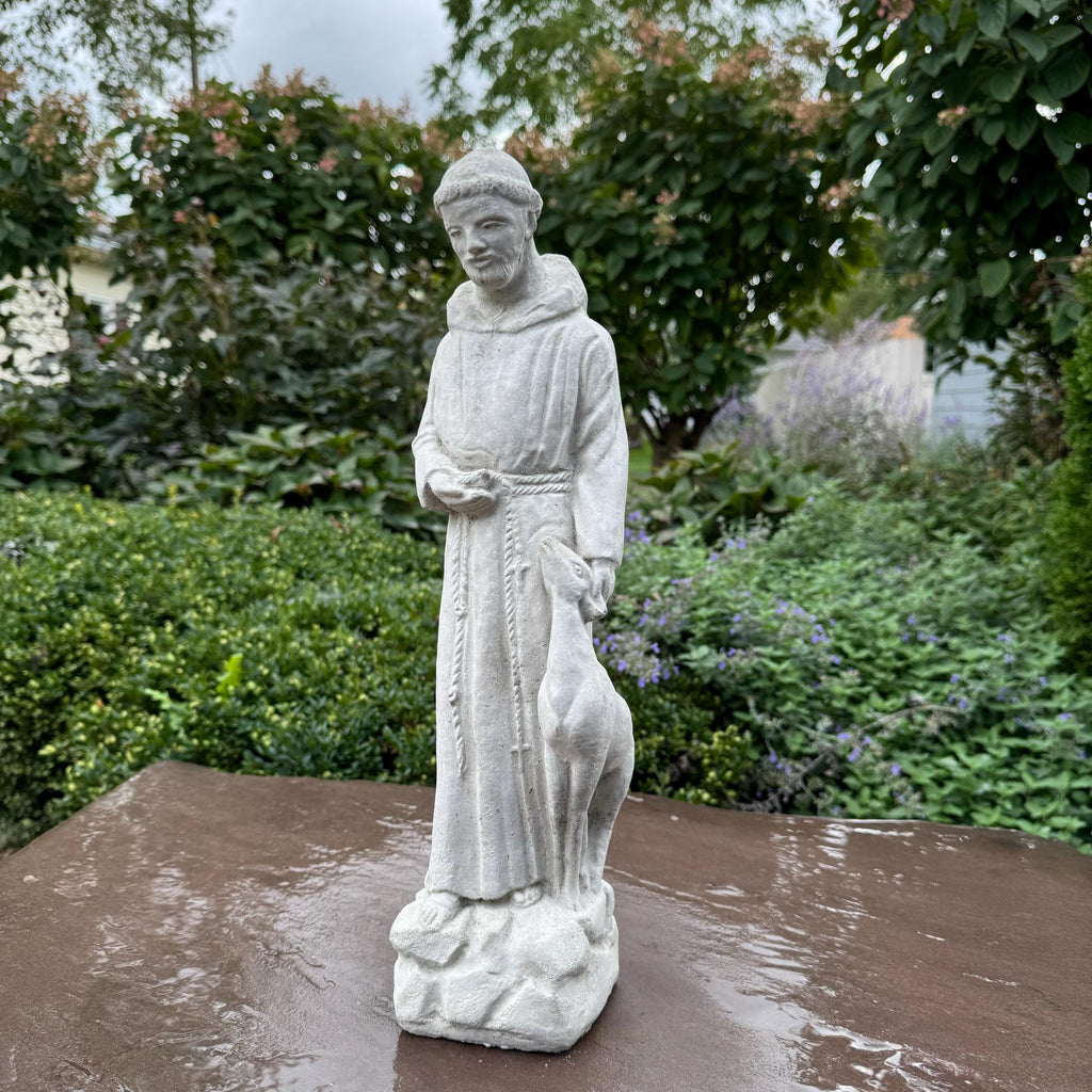 17" Concrete Saint Francis with Deer Statue - Catholic Garden Sculpture Religious Yard Art Ornament Decor
