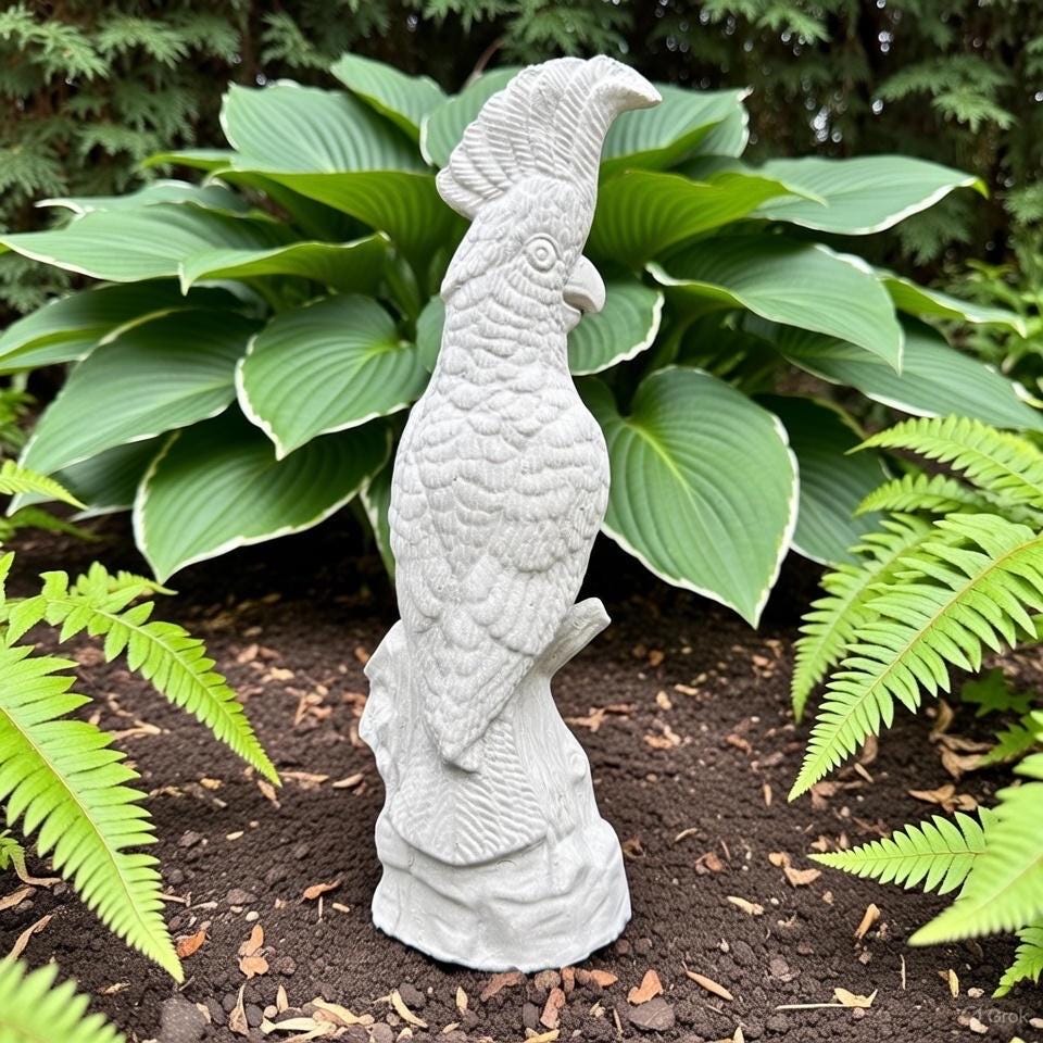 Cockatoo Bird Statue: 13 Inch Concrete Garden Sculpture Outdoor Parrot Decor