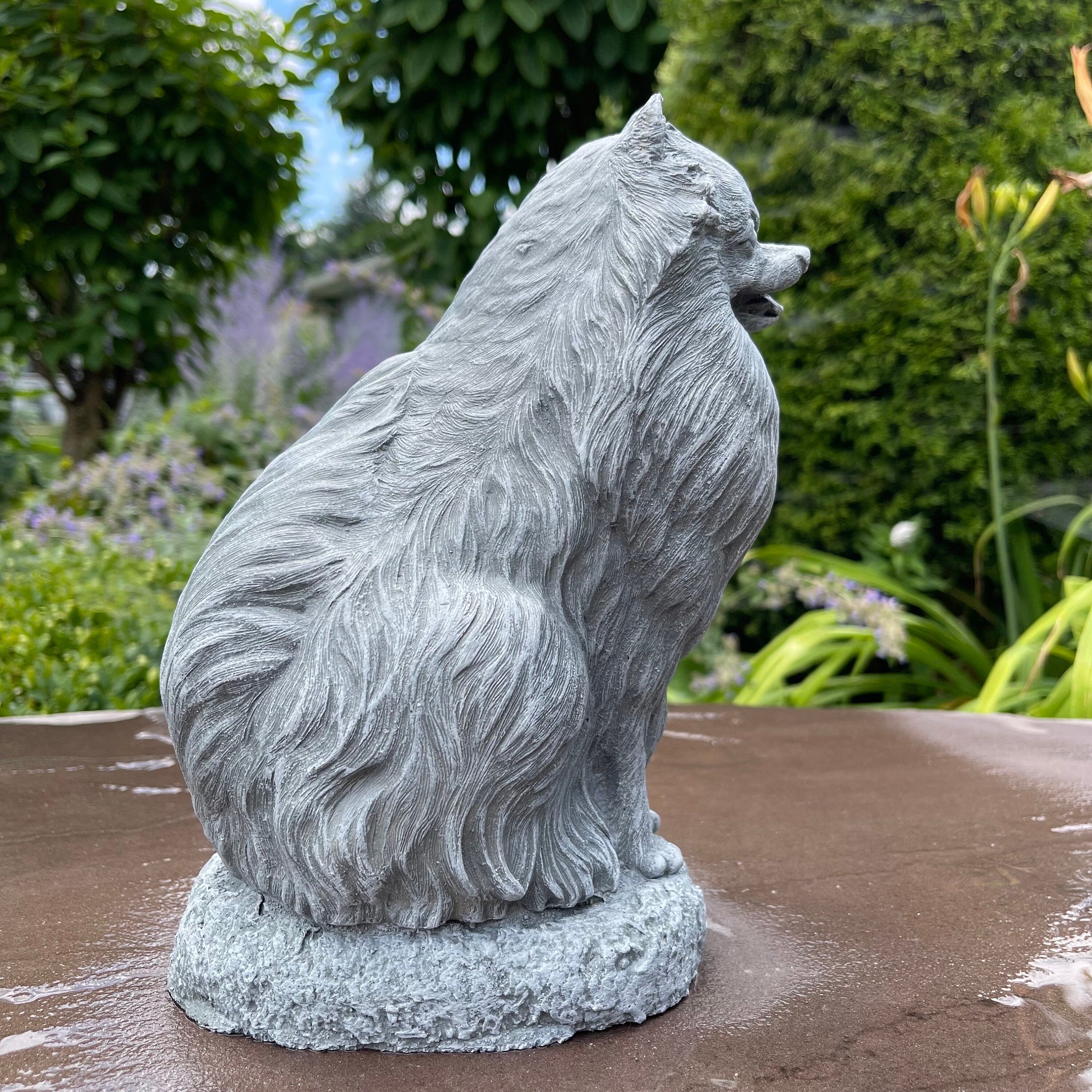 Handmade Painted Concrete Pomeranian Dog Statue Garden Memorial Sculpture Yard Art Ornament Pet Gift