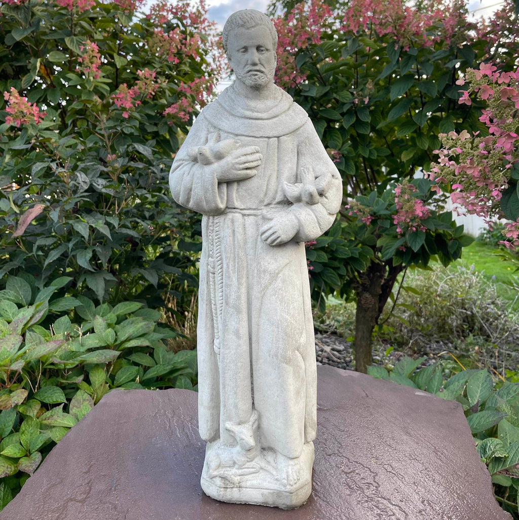 24 Inch Concrete Saint Francis Statue with Birds Catholic Garden Religious Sculpture Yard Decor Lawn Ornament Gift