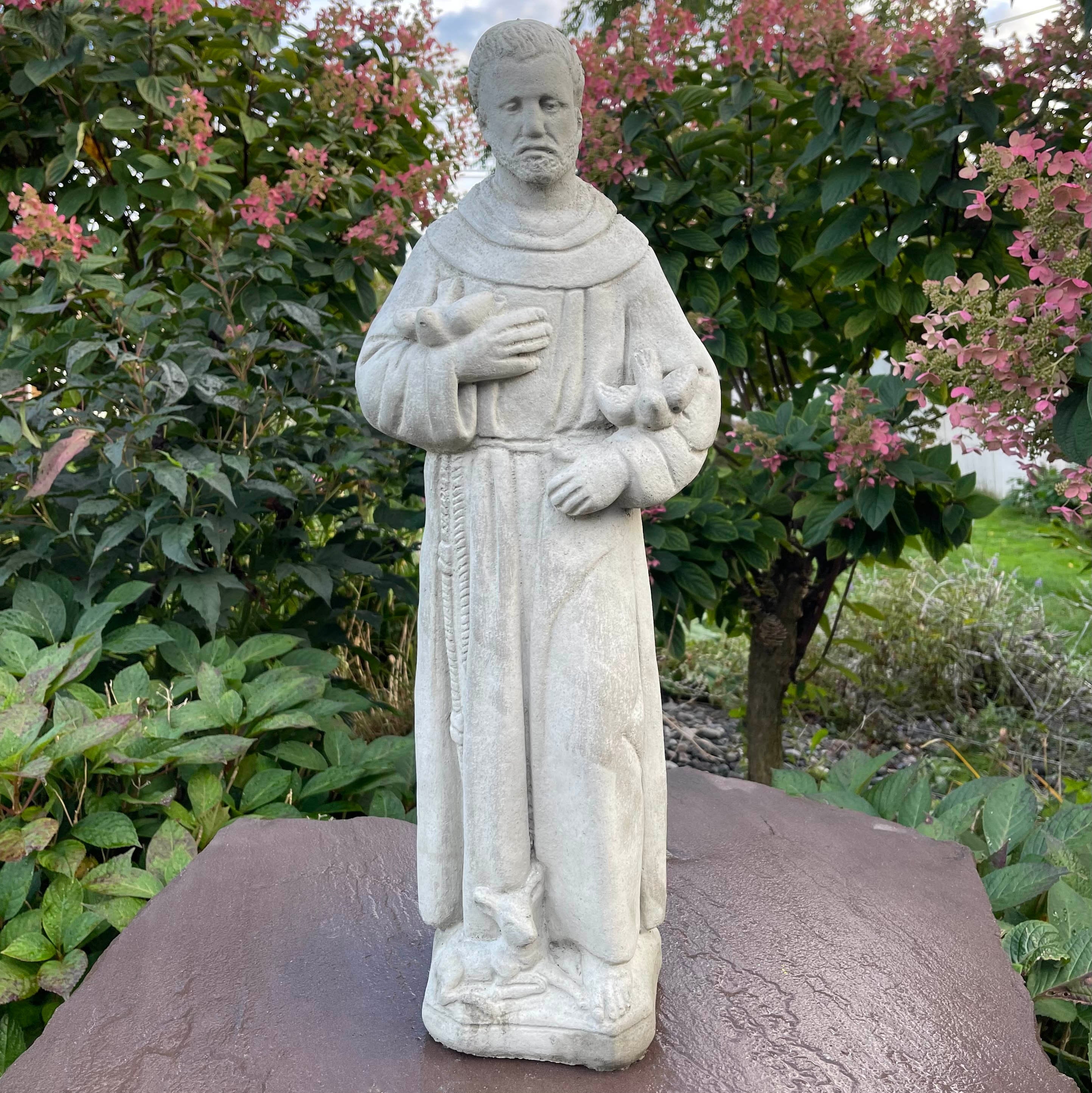 24 Inch Concrete Saint Francis Statue with Birds Catholic Garden Religious Sculpture Yard Decor Lawn Ornament Gift