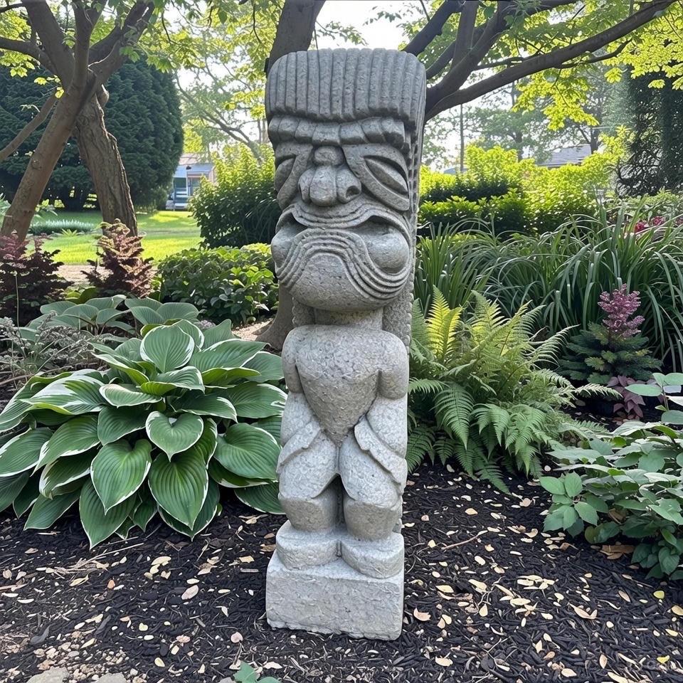 Tiki Tim Garden Statue: 15.5" Cast Stone Polynesian Decor Sculpture for Yard Art Outdoor Ornament