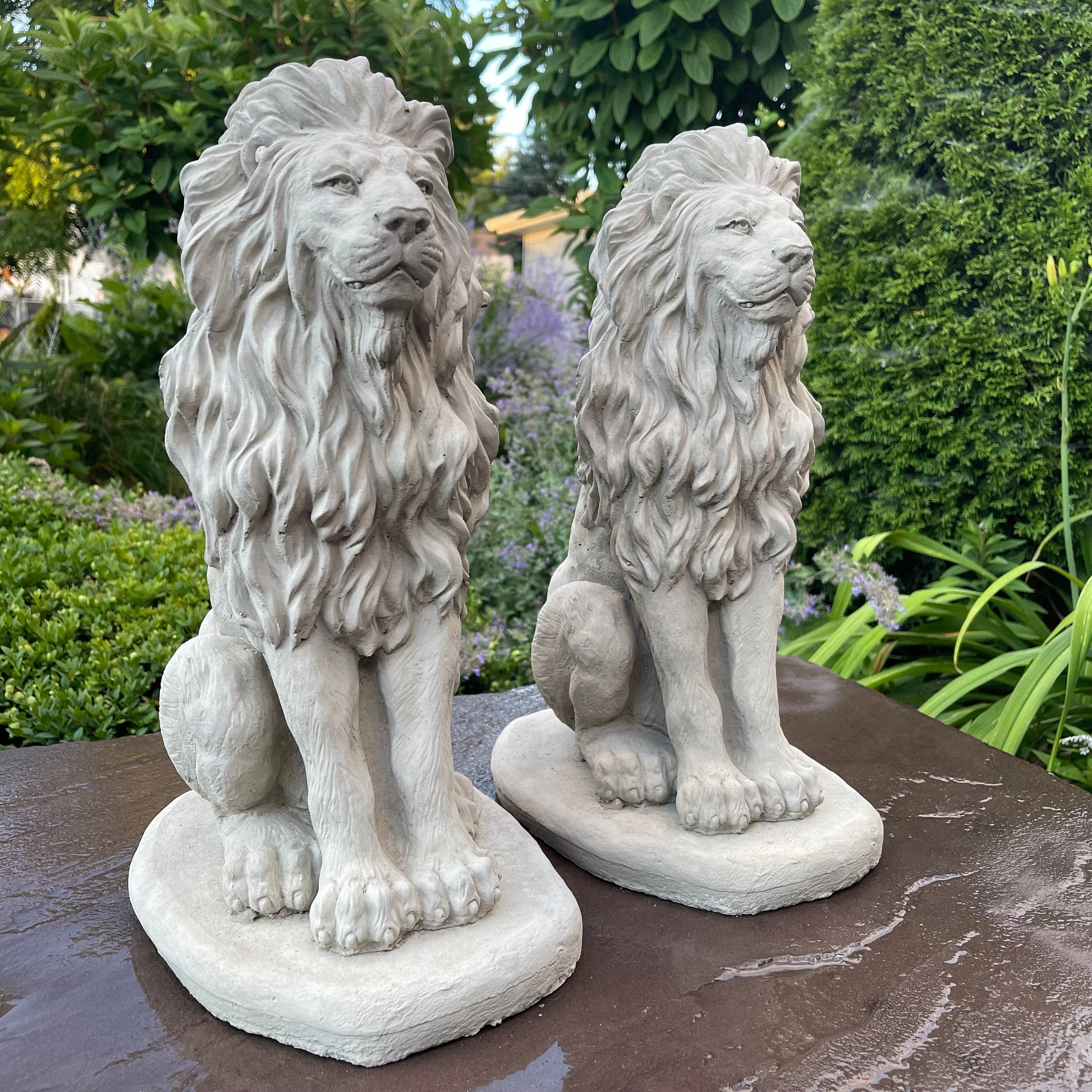 Concrete Lion Statues 16.5 Inch Garden Guardians Matched Pair Cement Sculptures Yard Decor Outdoor Ornaments