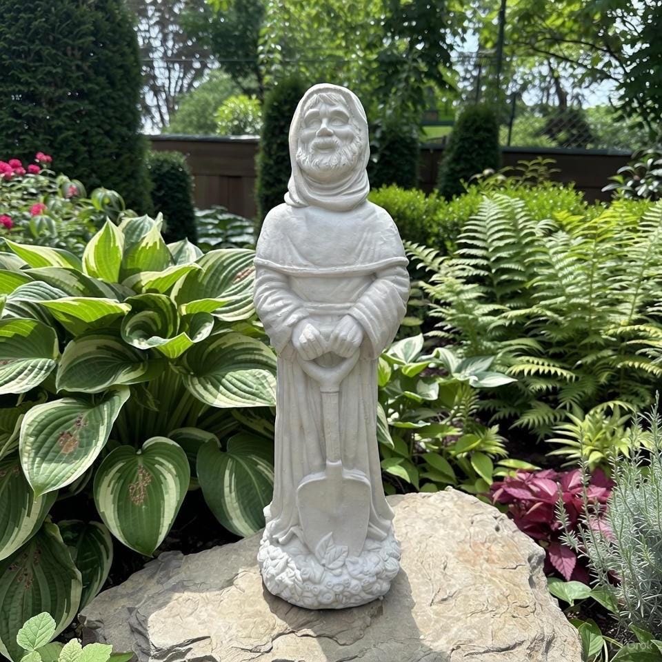 Saint Fiacre 22" Concrete Garden Statue - Patron of Gardeners Religious Catholic Sculpture Yard Art Gift