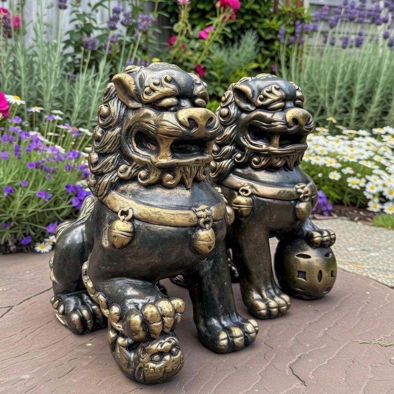 Concrete Foo Dog Statue Pair 14" Male Female Feng Shui Outdoor Garden Guardians Chinese Lion Sculptures Yard Decor