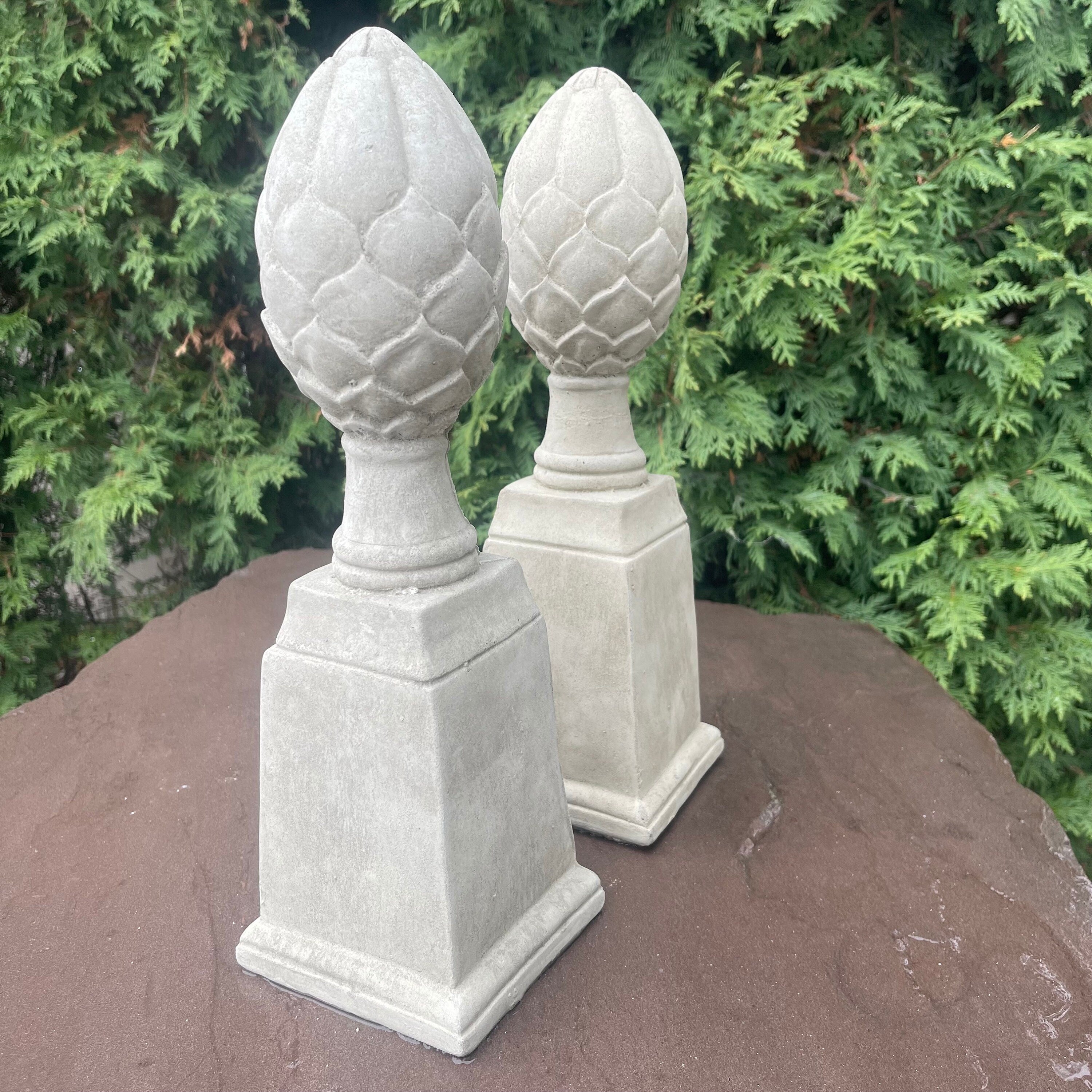 Artichoke Finial Statues Set of 2: 14" Concrete Garden Sculptures for Yard Decor & Landscaping