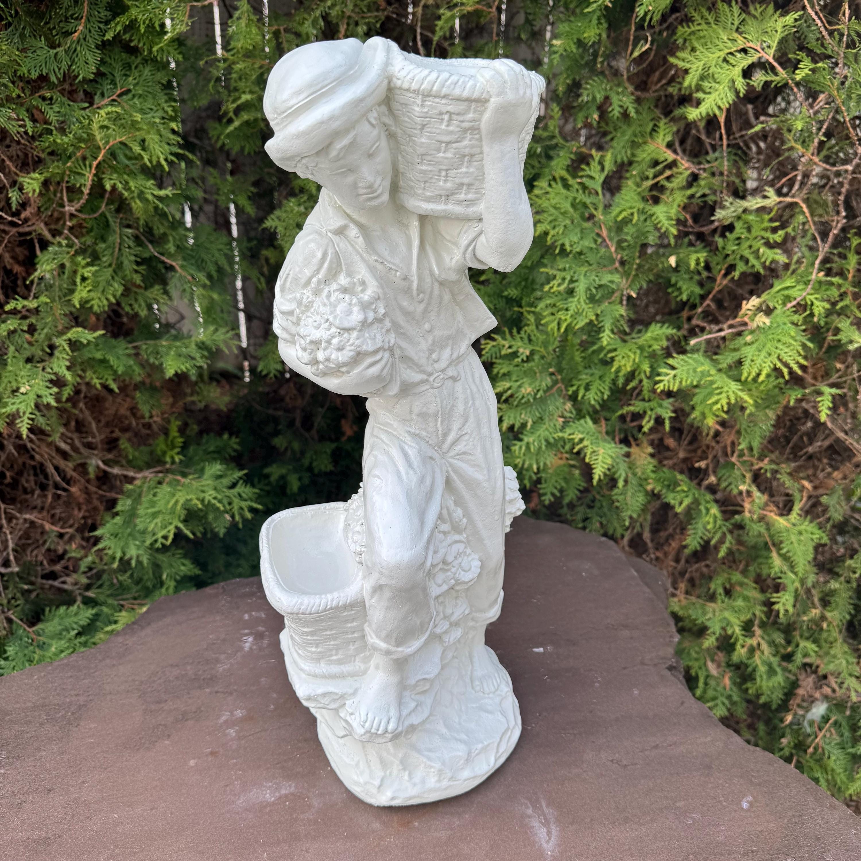 21" Italian Concrete Man Garden Statue: European Style Cement Lawn Ornament Classical Mediterranean Roman Decor