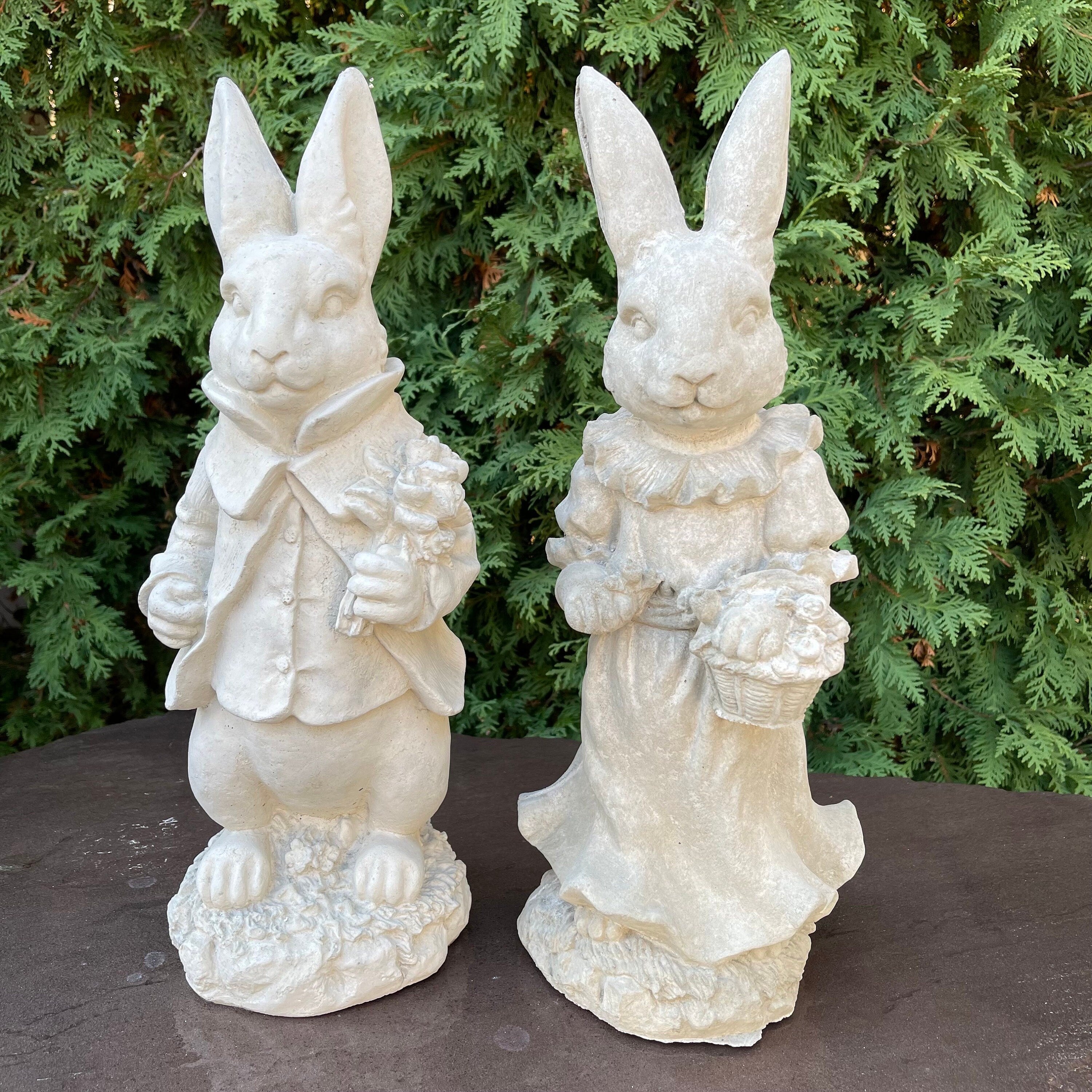 Large Lily Bobtail & Peter Rabbit Garden Statue Set 17" Beatrix Potter Outdoor Sculptures Cement Yard Decor