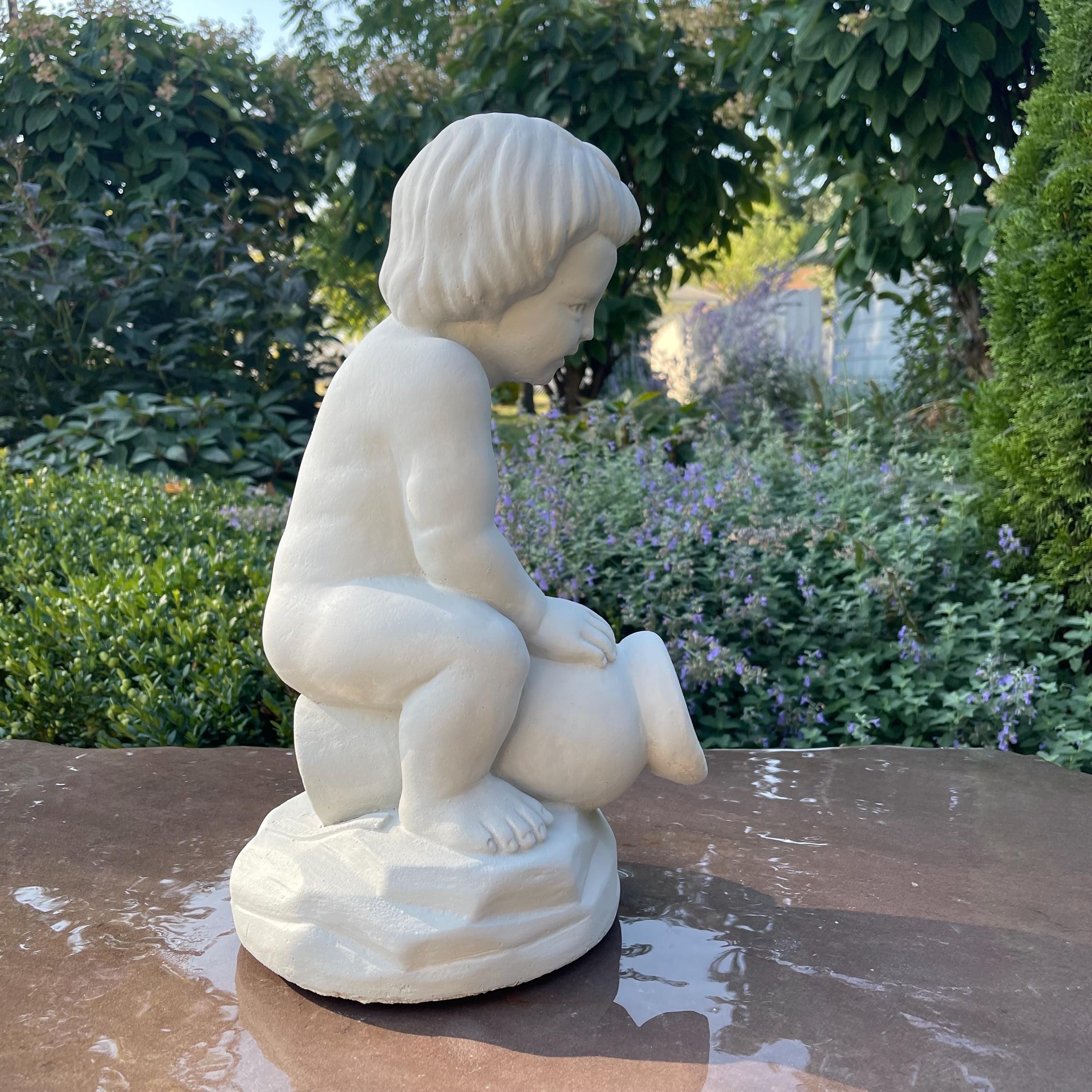 Concrete Boy on Jar Fountain Spitter 15" Outdoor Garden Statue Pond Spout Water Featureq