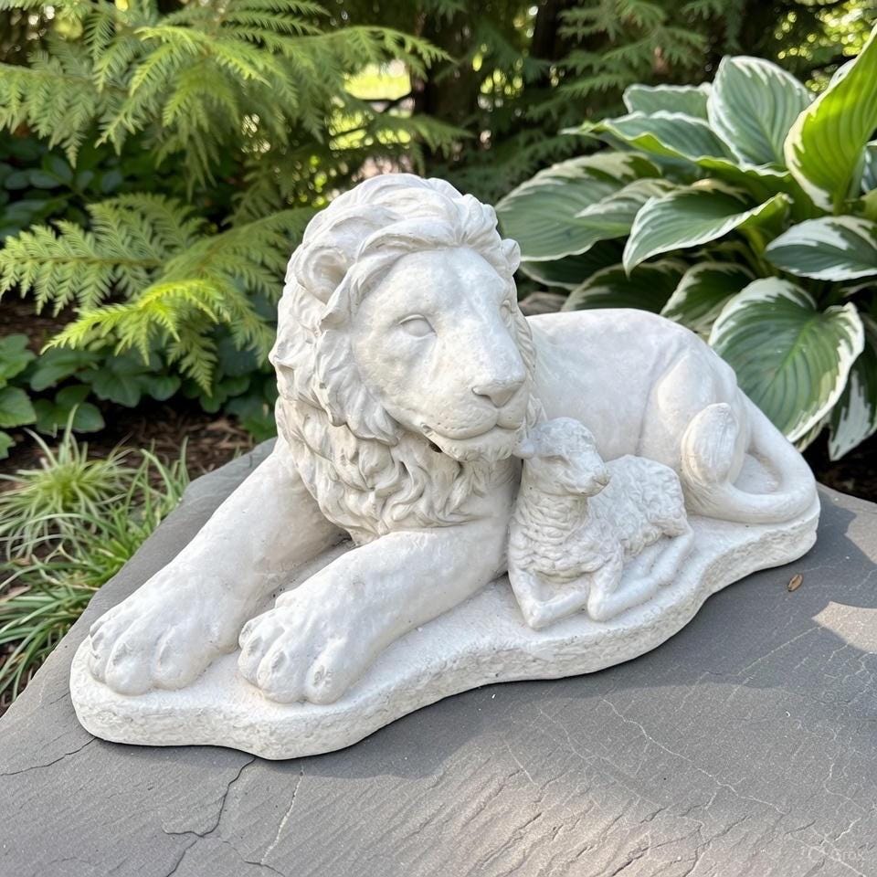 Biblical Lion Lamb Concrete Statue 15" Garden Sculpture Outdoor Religious Yard Decor Art