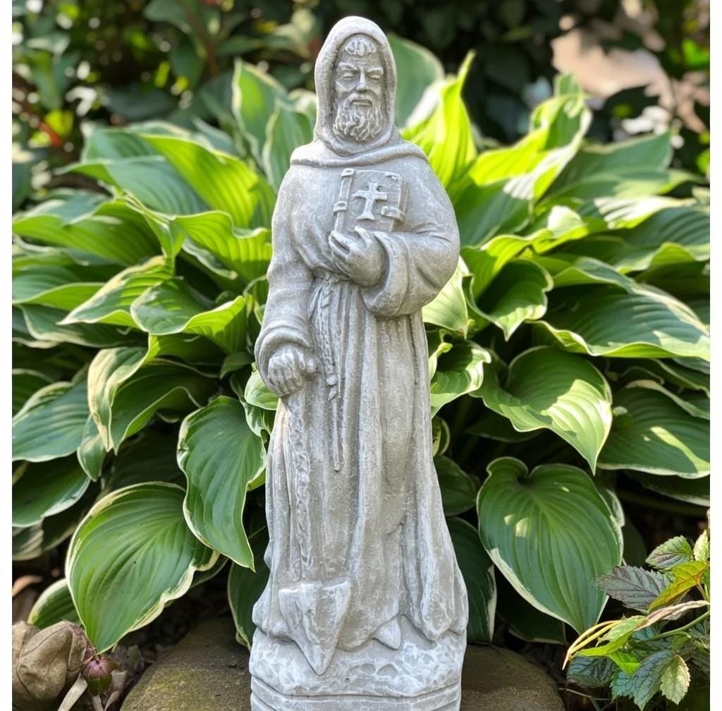 15 Inch Painted Saint Fiacre Garden Statue - Concrete Catholic Patron Sculpture Outdoor Yard Ornament Gift