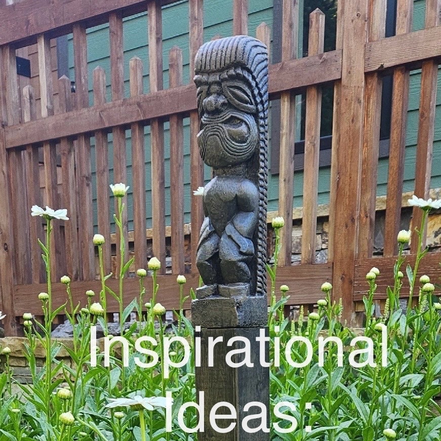 Tiki Garden Statue 15.5" Carved Concrete Polynesian Totem Pole Patio Bar Decor Yard Art Lawn Ornament Sculpture