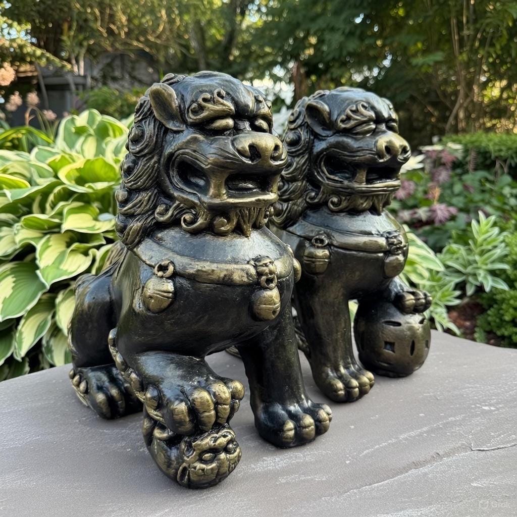 Concrete Foo Dog Statue Pair 14" Male Female Feng Shui Outdoor Garden Guardians Chinese Lion Sculptures Yard Decor