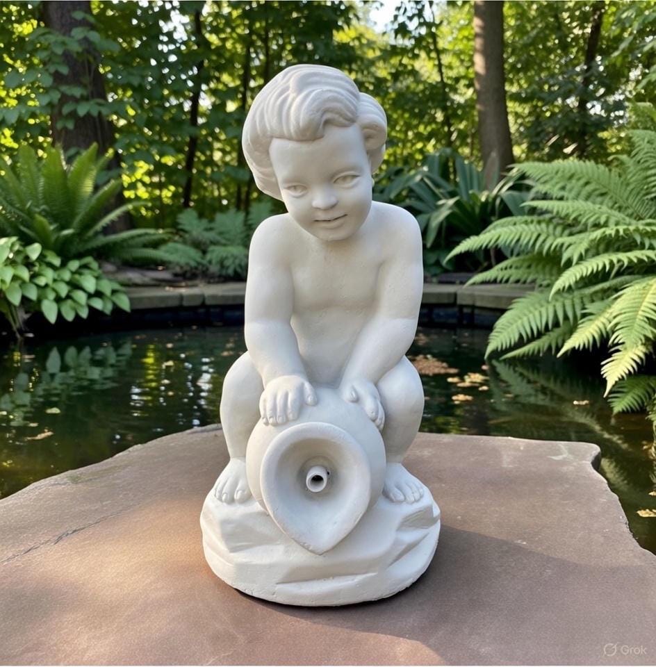 Concrete Boy on Jar Fountain Spitter 15" Outdoor Garden Statue Pond Spout Water Featureq