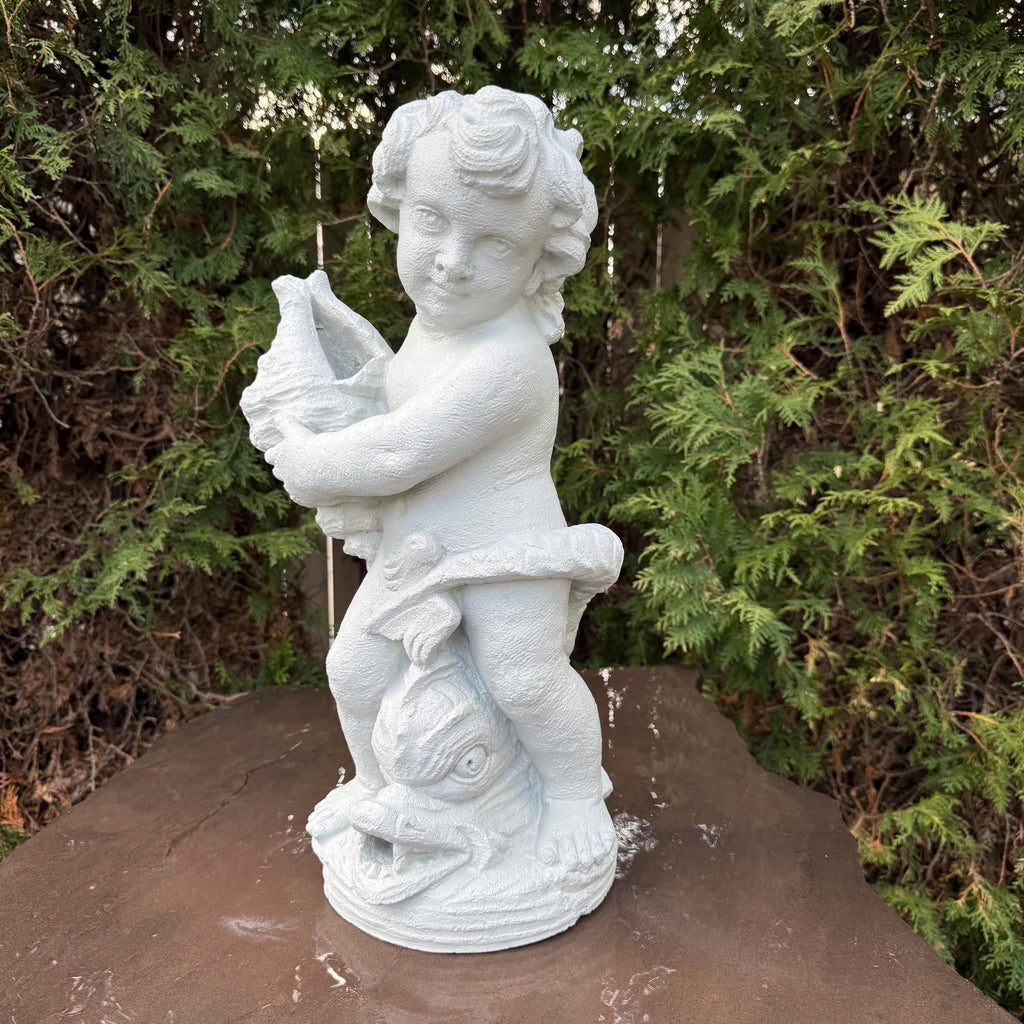 20" Concrete Boy Nautilus Fountain Top Outdoor Garden Pond Statue Water Spitter Topper