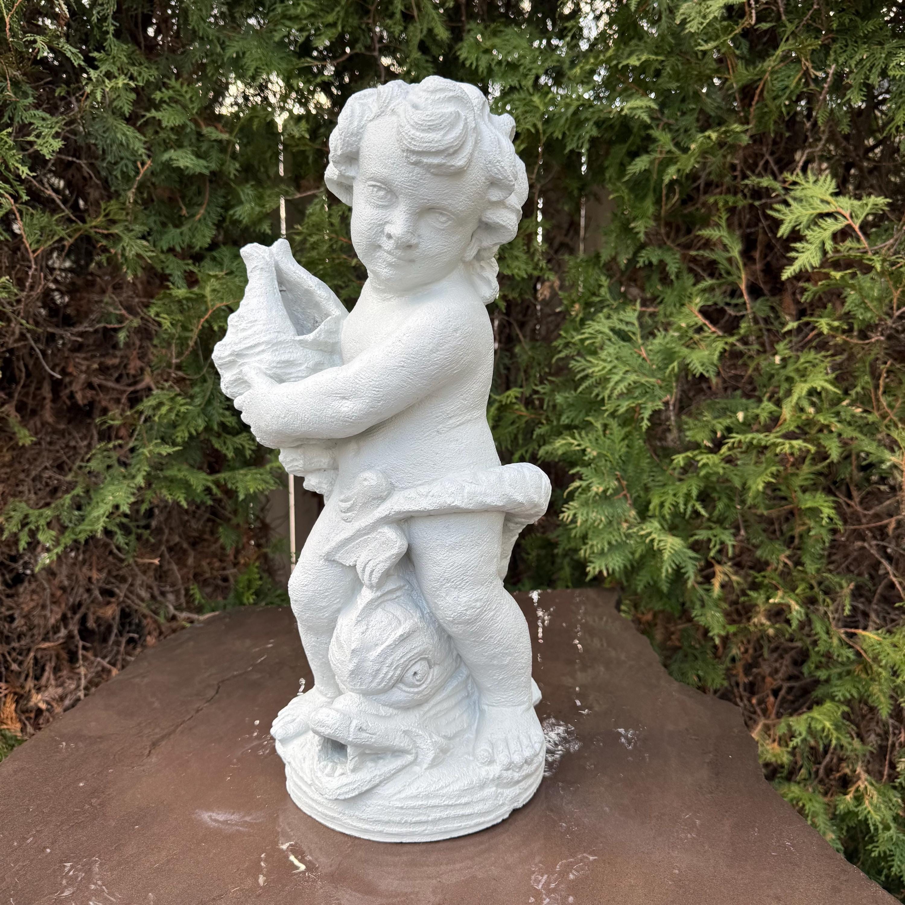 20" Concrete Boy Nautilus Fountain Top Outdoor Garden Pond Statue Water Spitter Topper