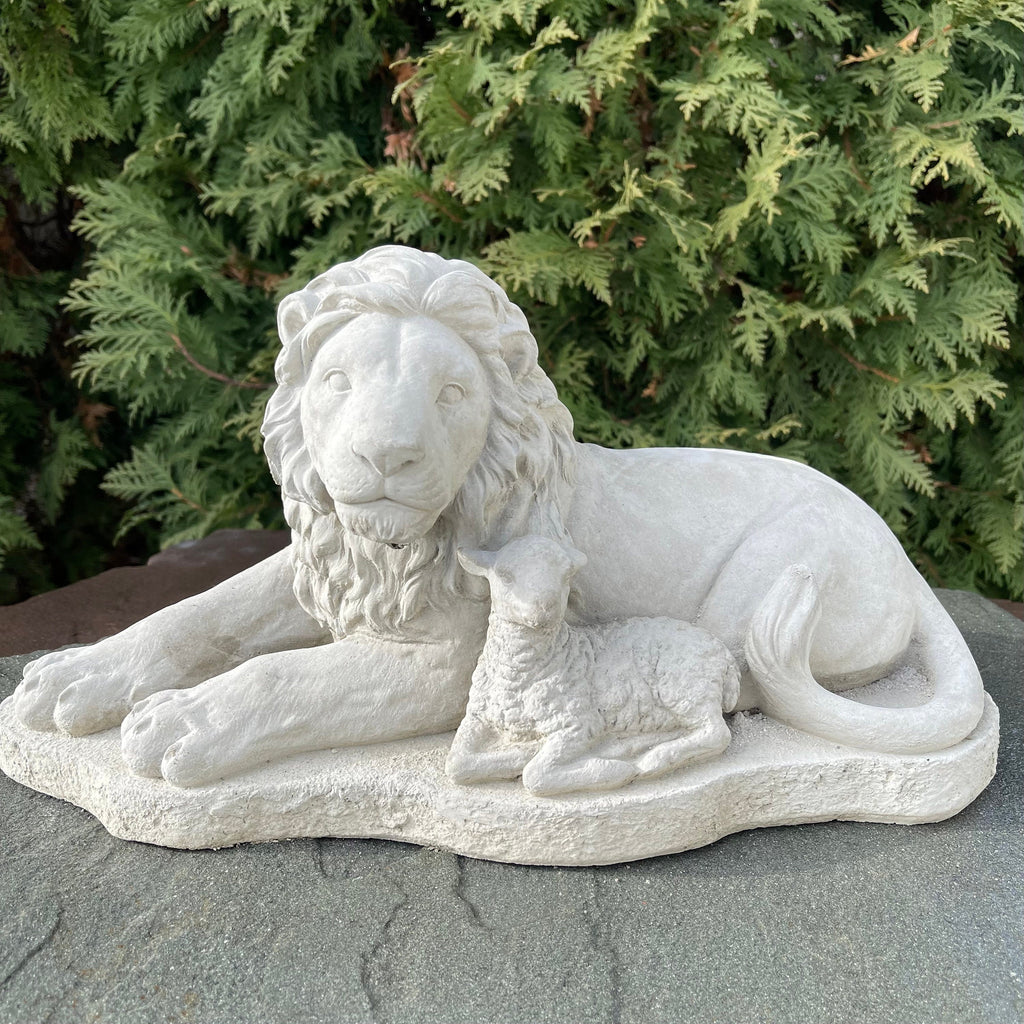 Biblical Lion Lamb Concrete Statue 15" Garden Sculpture Outdoor Religious Yard Decor Art