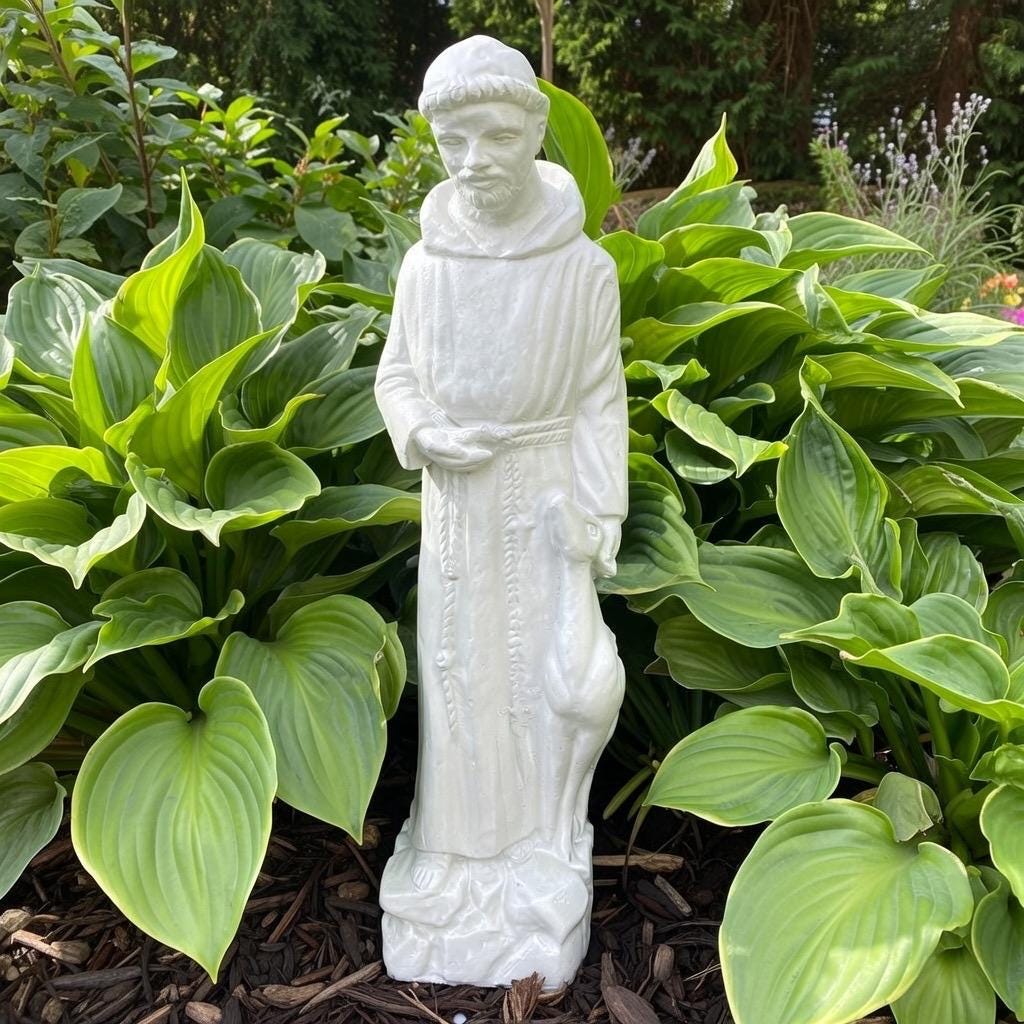 17" Concrete Saint Francis with Deer Statue - Catholic Garden Sculpture Religious Yard Art Ornament Decor