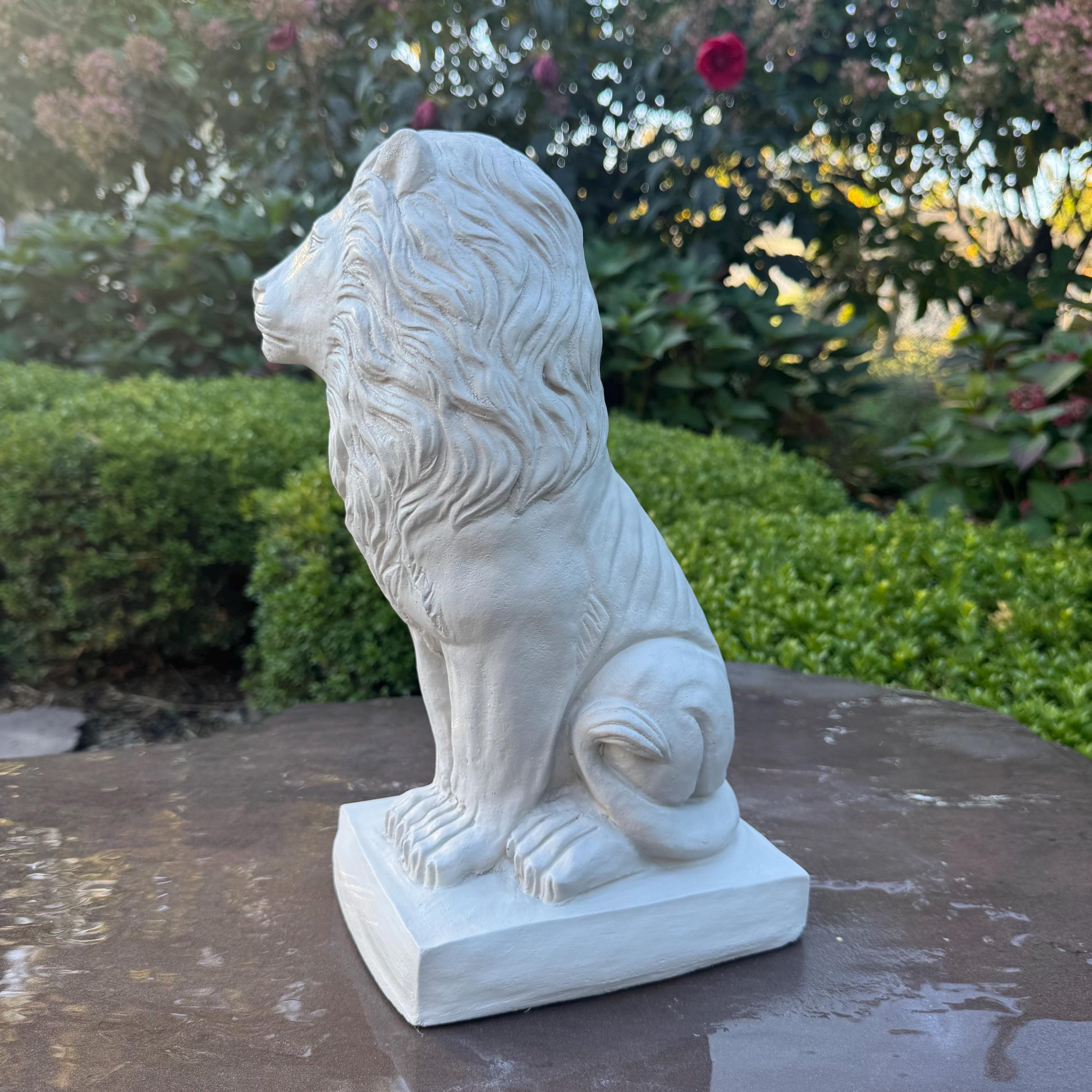13.5" Sitting Concrete Lion Statue - Garden Sculpture Outdoor Lawn Ornament Animal Figure Decor