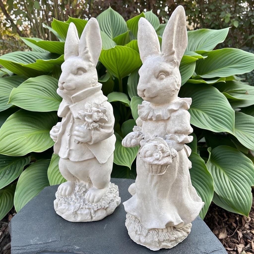 Large Lily Bobtail & Peter Rabbit Garden Statue Set 17" Beatrix Potter Outdoor Sculptures Cement Yard Decor