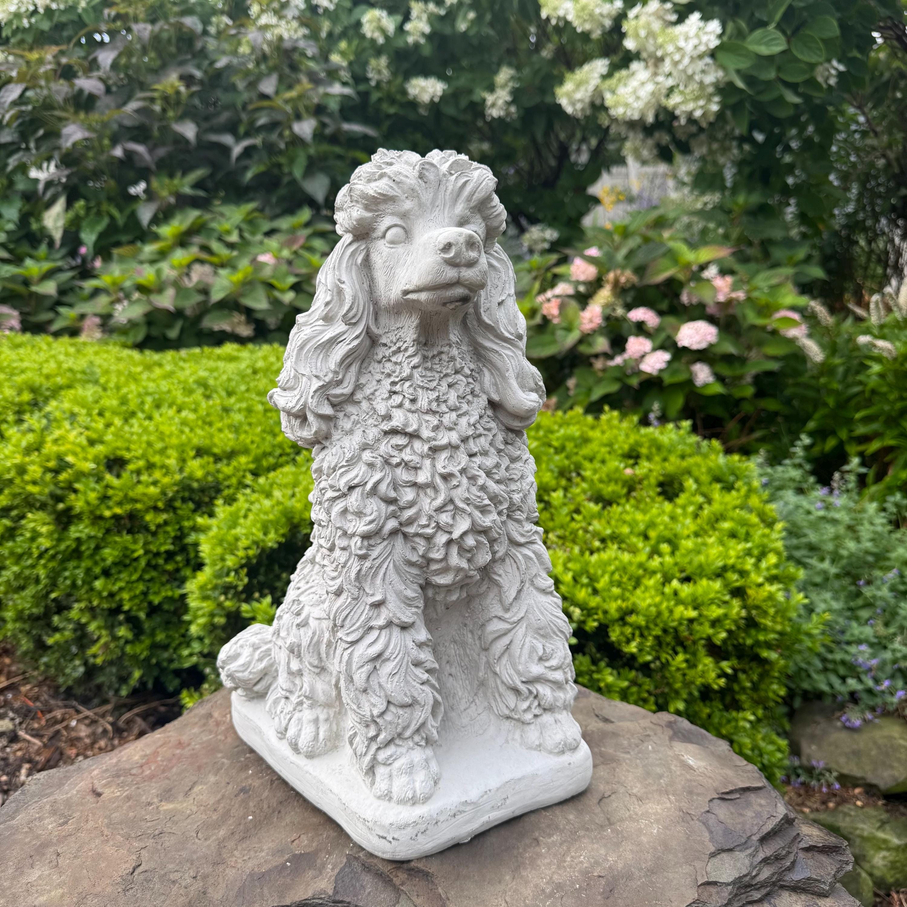 Handcrafted Concrete Poodle Garden Memorial Statue, 15 Inch Dog Sculpture