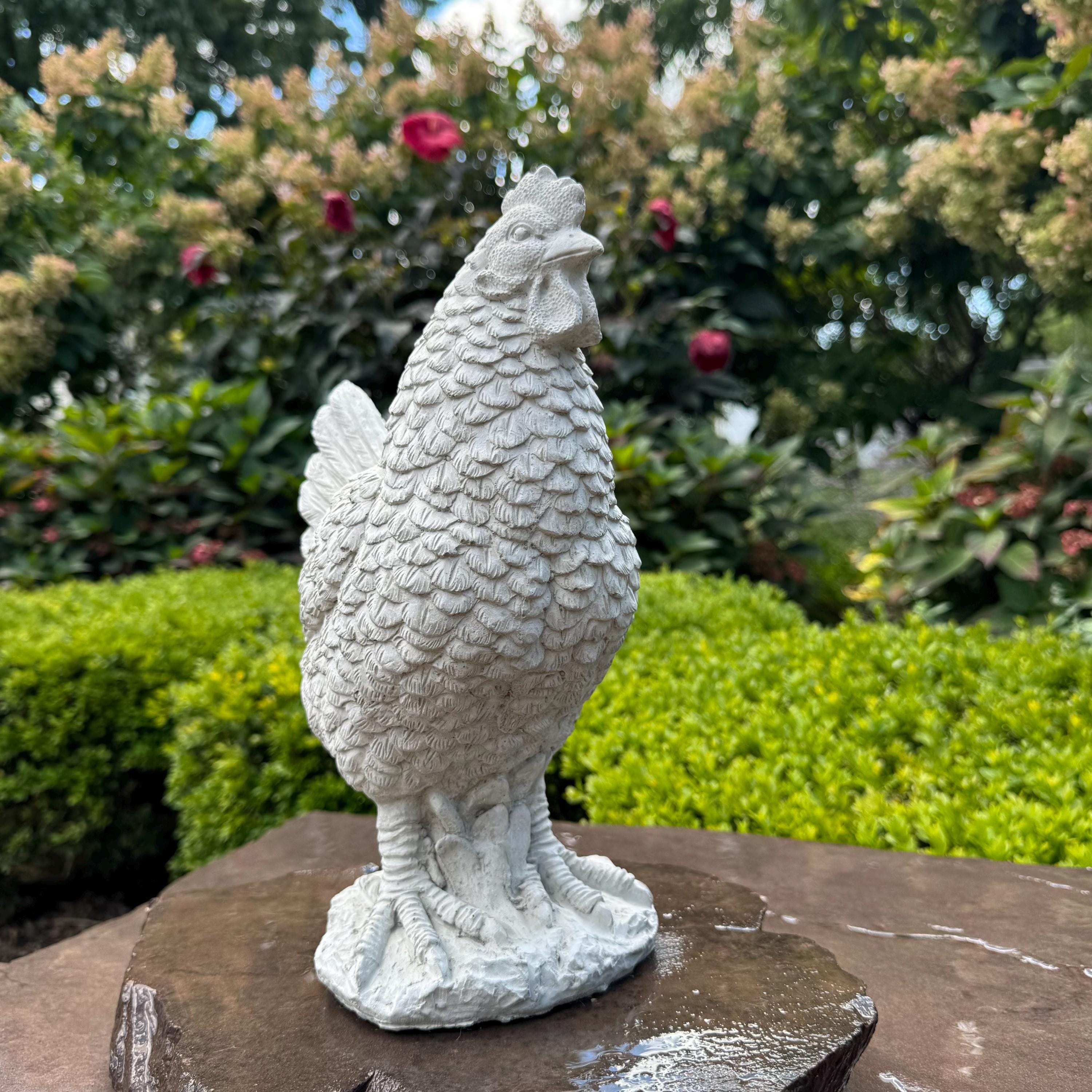 Concrete Chicken Statue 11.75" Garden Sculpture Outdoor Farmhouse Yard Art Animal Decor Gift