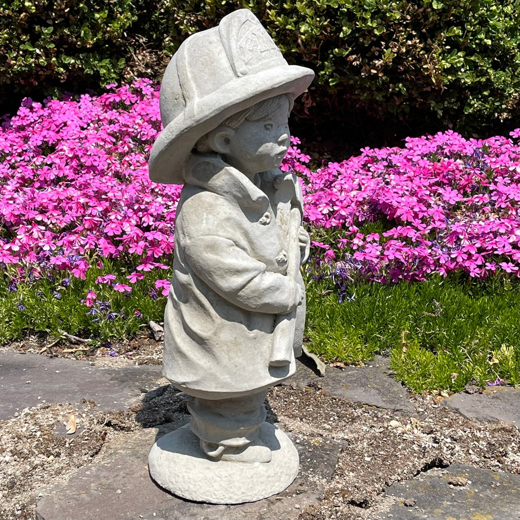 18 Inch Concrete Fireman Garden Statue - Fire Boy Sculpture Yard Art Decor Lawn Ornament Firefighter Gift