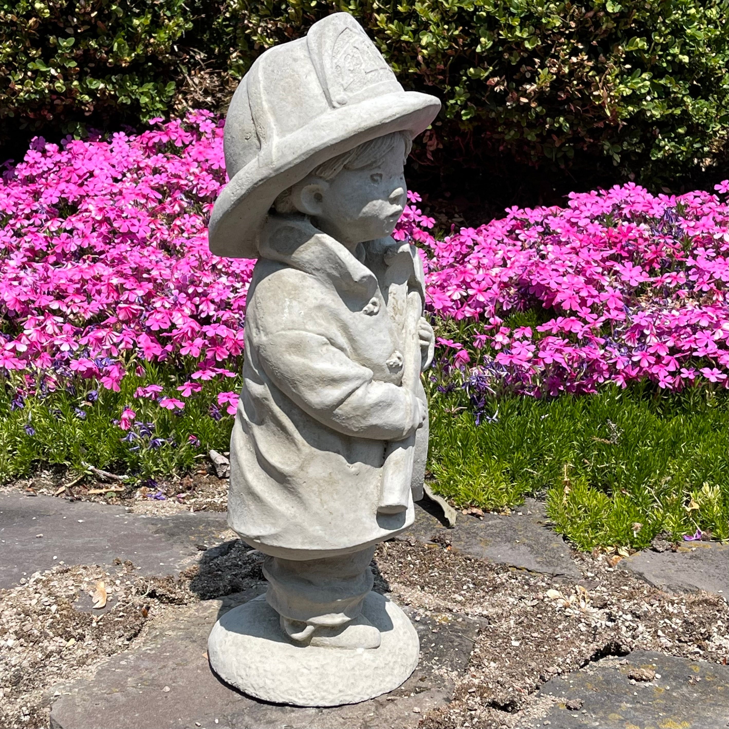 18 Inch Concrete Fireman Garden Statue - Fire Boy Sculpture Yard Art Decor Lawn Ornament Firefighter Gift